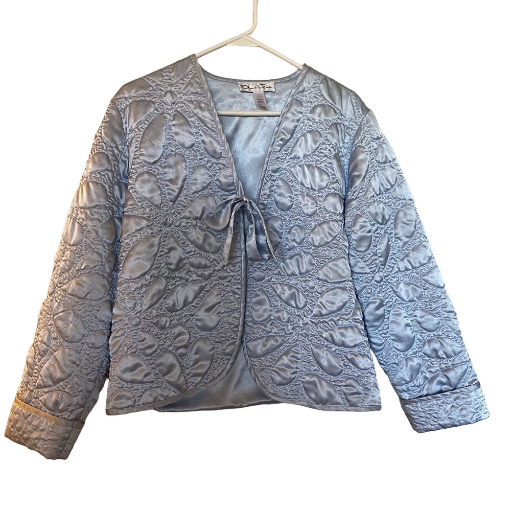 Oscar de la Renta Ice Blue Quilted Satin Bow Jacket Vintage Old Hollywood S - Picture 3 of 15